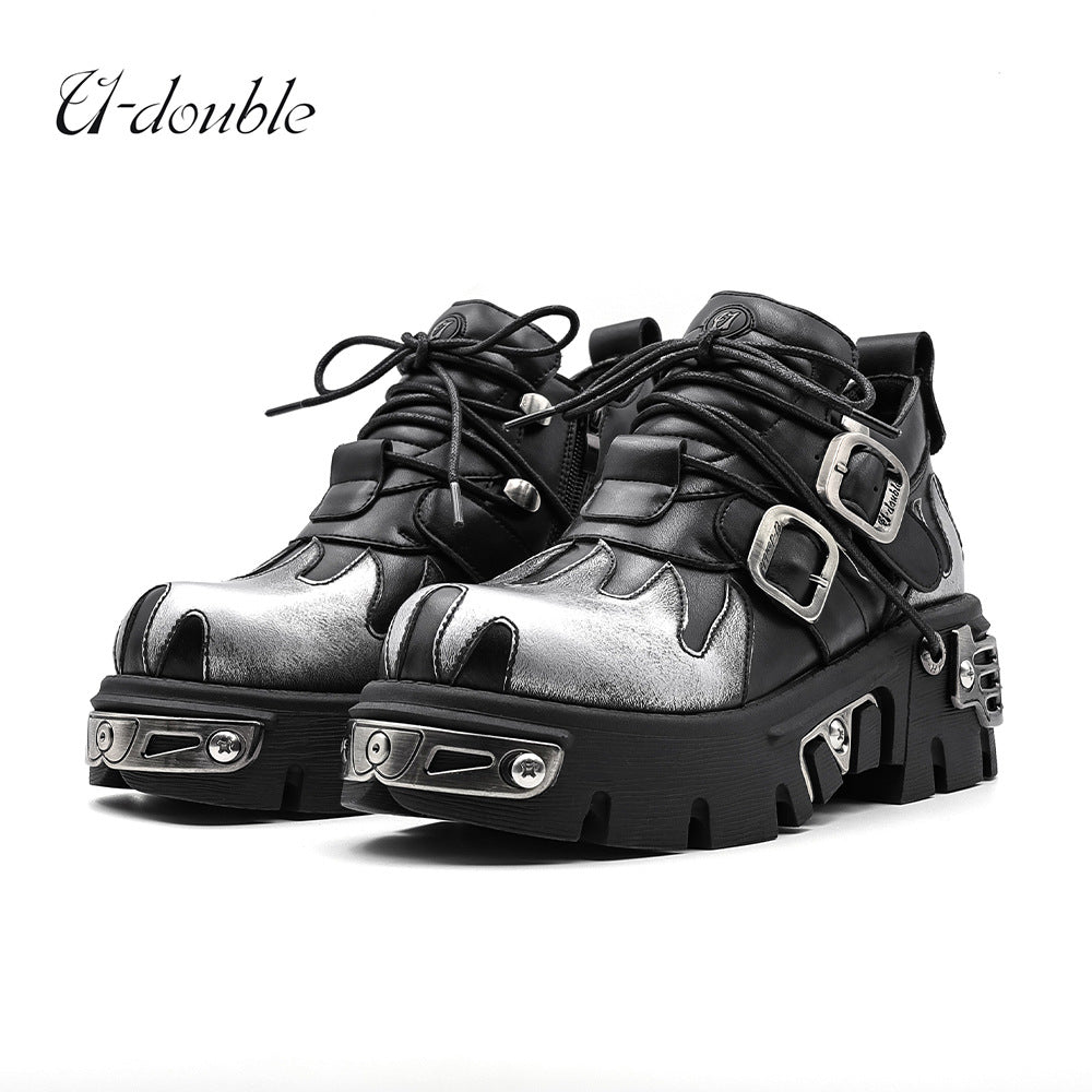 Rock Flame Trend Carving Dark Punk Metal Niche Design Women's Leather Boots