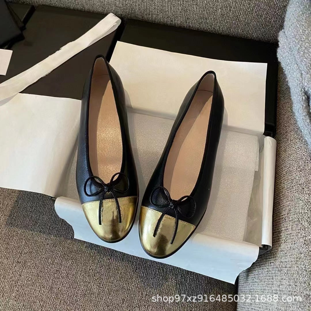 Women's Style Flat Pumps Bow Color Matching Ballet Round Head Shallow Heels