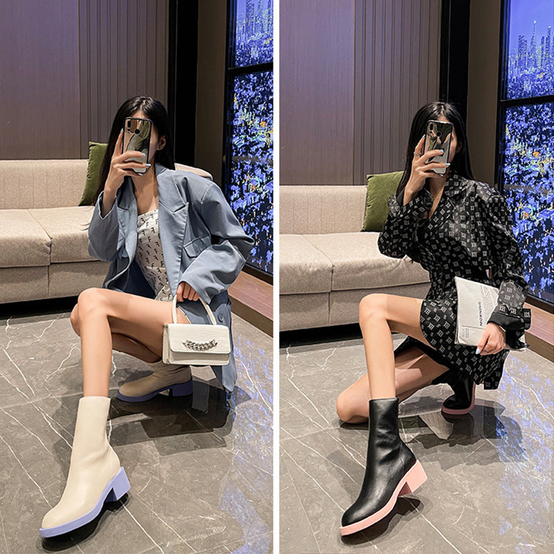 Chunky Knight Height Increasing Insole Skinny Back Zipper Contrast Boots