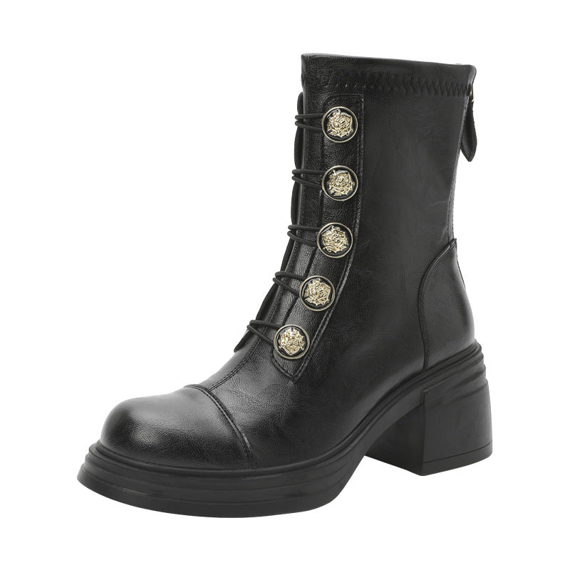 Women's British Badge Metal Buckle Ankle Martin Chunky Back Zipper Stretch Boots
