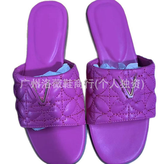 Women's High Version Outer Wear Summer Large Size Flats Metal Letter Flat Slippers