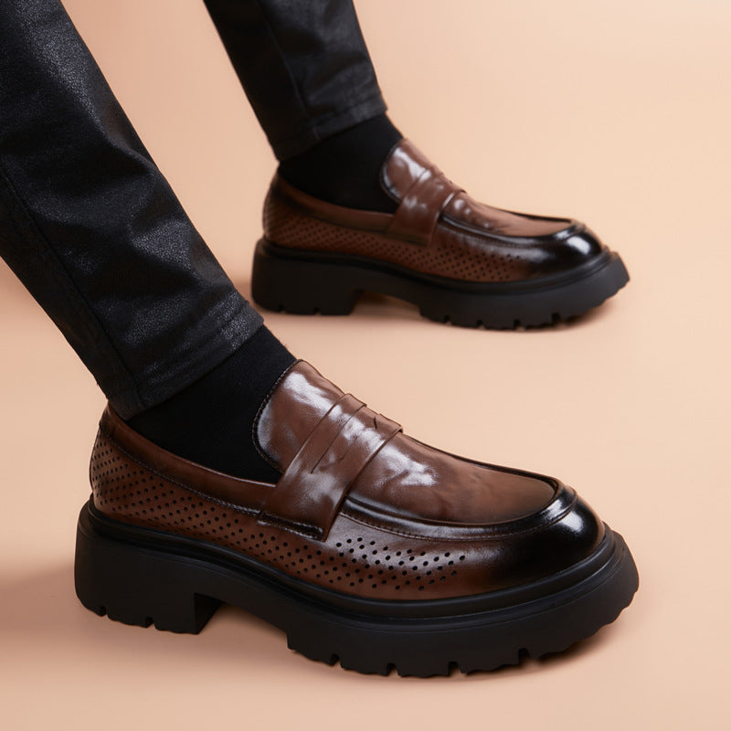 Men's Side Punching Thick Bottom Increased Leisure Slip On Peas Foam Men's Business Leather Shoes