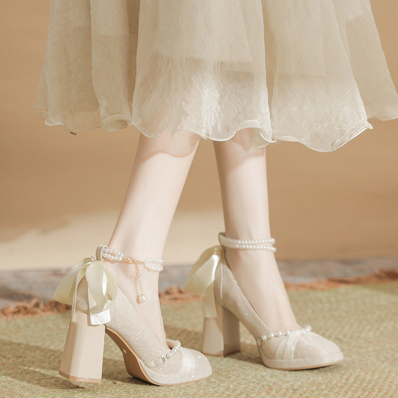 Women's Jane High Small Chunky Adult Ceremony Wedding Dress Two-way Engagement Heels