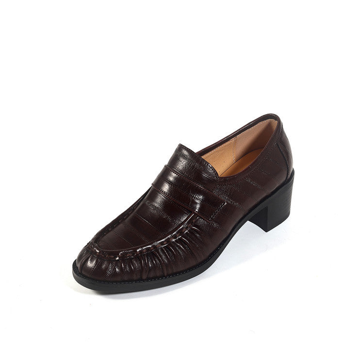 Women's Spring Genuine Inside Outside Round Toe Slip-on Thick Mid Deep Loafers