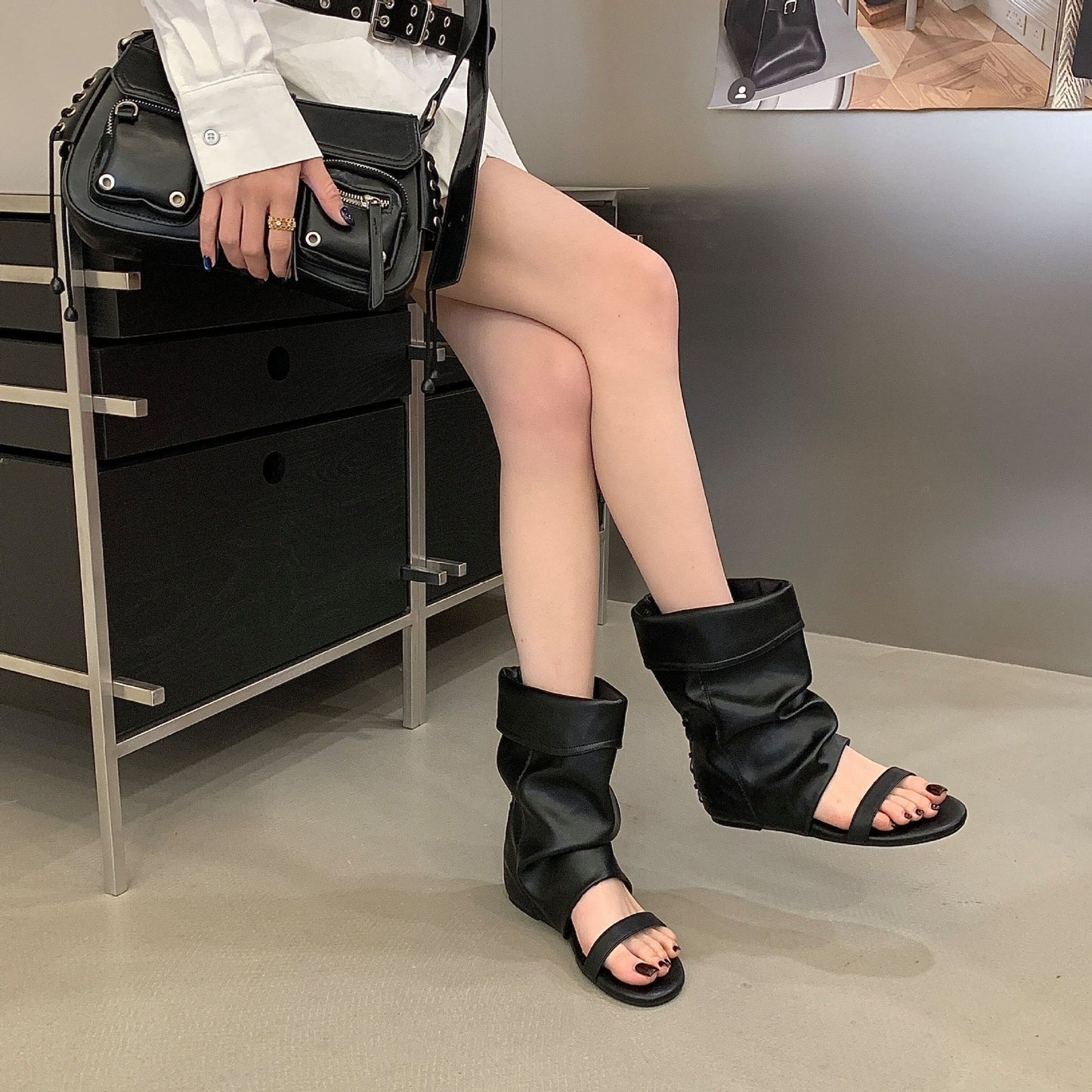 Women's Design Pile Style Summer Height Increasing Insole Open Women's Leather Boots