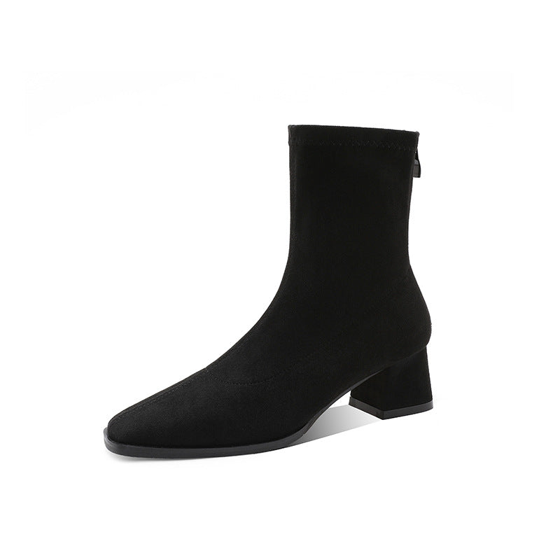 Women's Ankle For Elegant Simple Fashionable Slimming Back Zipper Square Women's Leather Boots