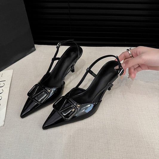 Women's V Home Nude Patent Shallow Mouth Elegant Toe Cap Stilettos High Heeled Sandals