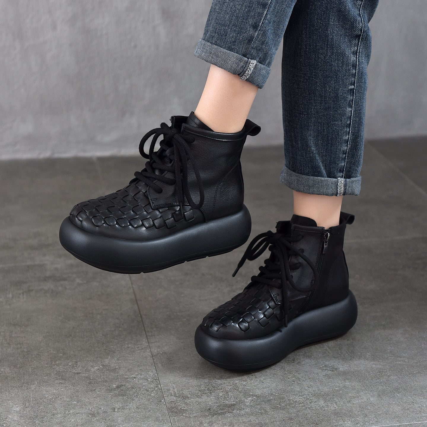 Women's Cowhide Hand-woven Muffin Bottom Booties Thick-soled Women's Leather Boots