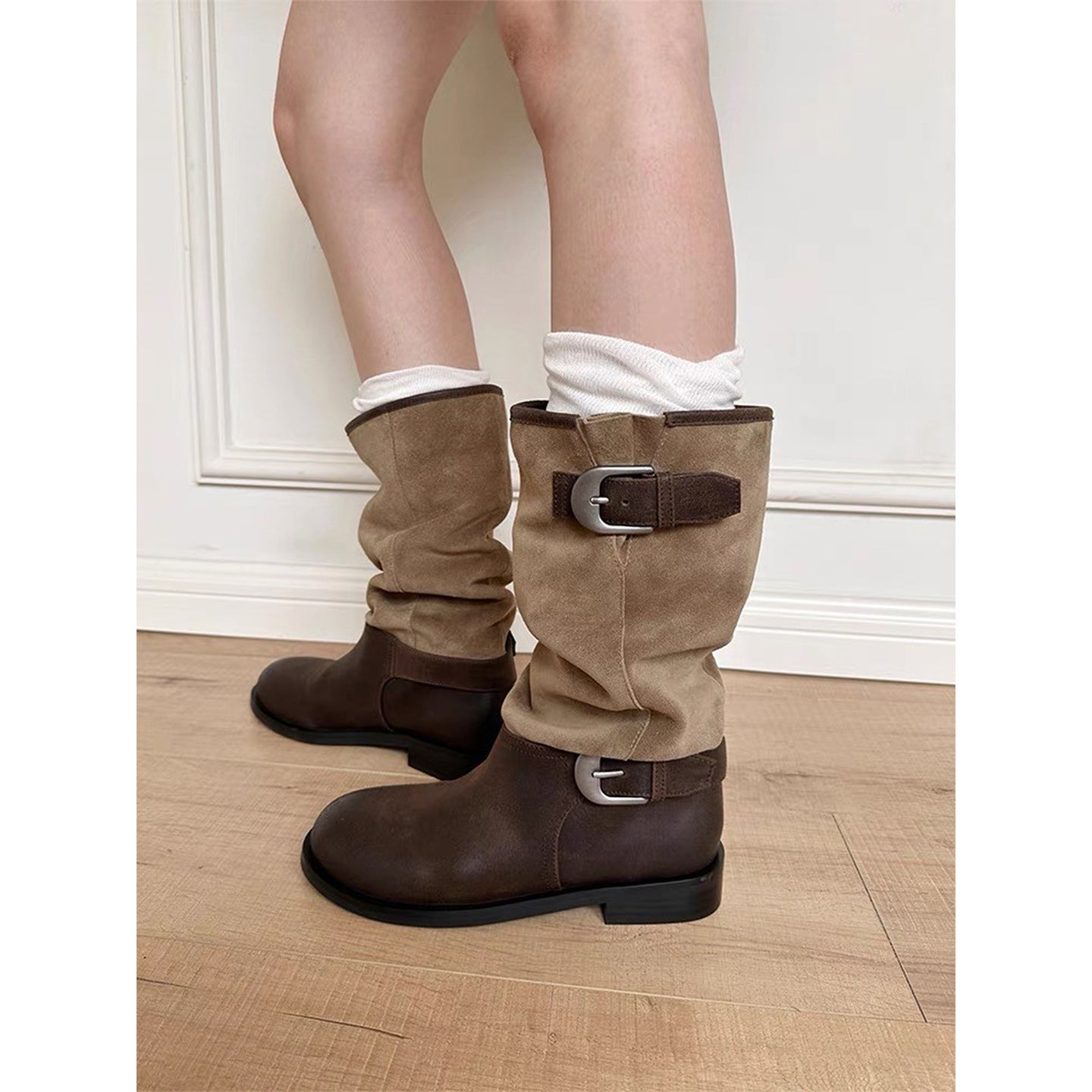 Women's Second Hair Height Increasing Insole Round Toe Pleated Pile Boots
