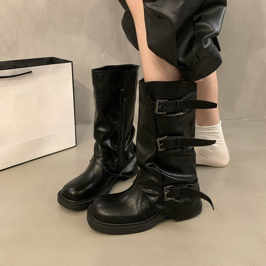 Women's Knee-high Black Pile Style Retro Western Boots