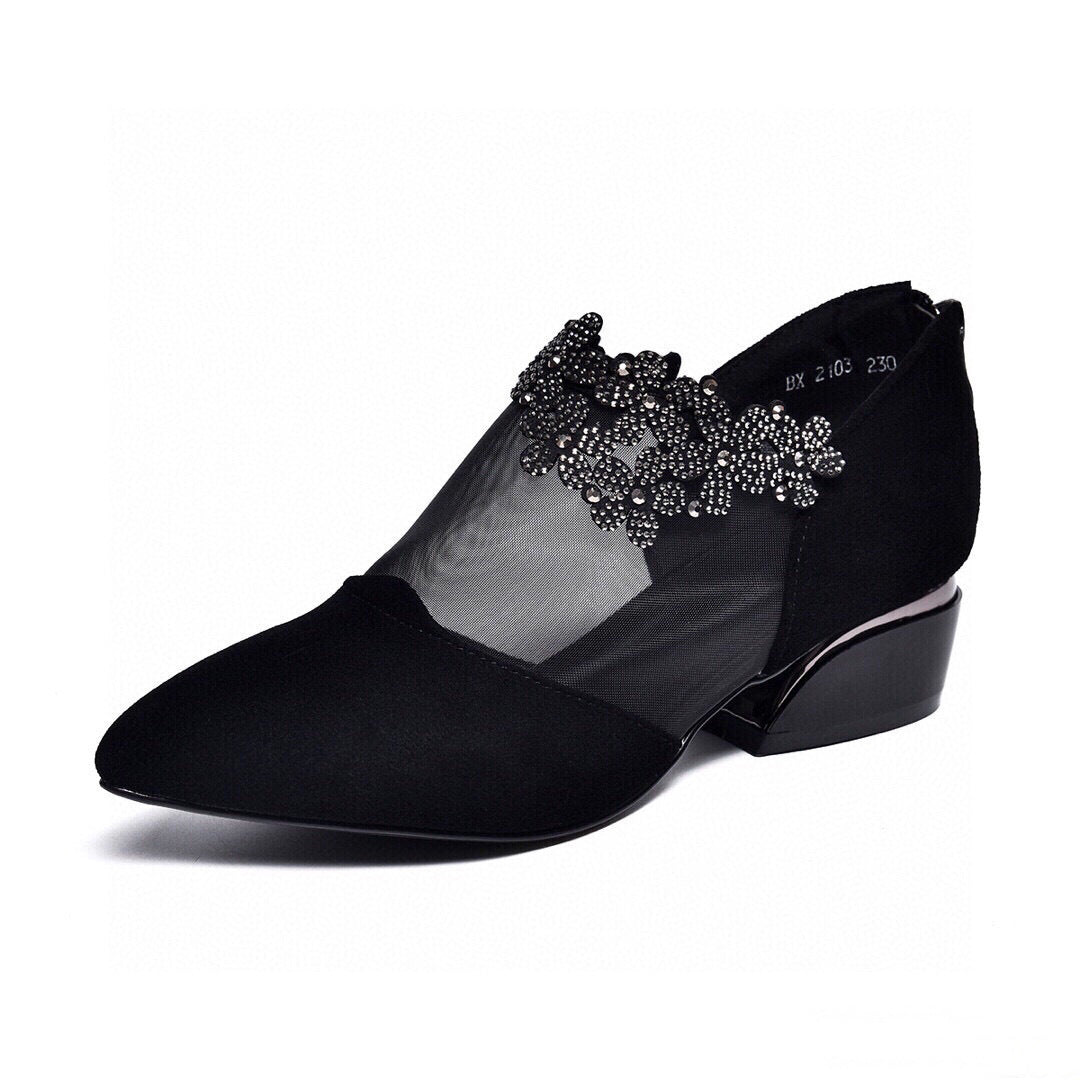 Women's Spring Pointed Mesh Sheepskin Rhinestone Black Women's Shoes