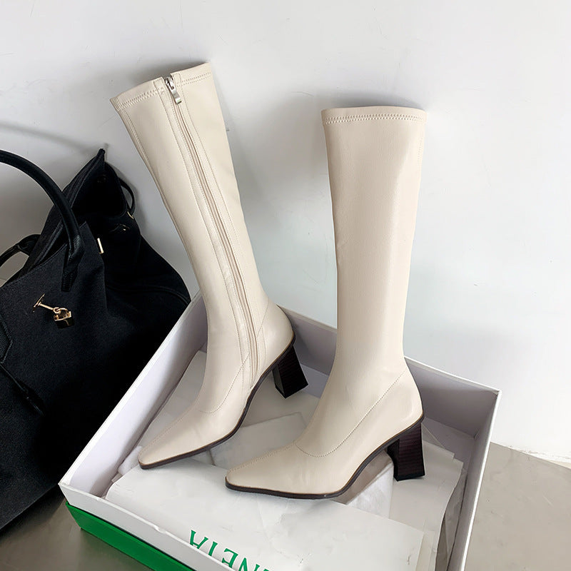 Long Female Cowhide Square Toe High Fleece-lined Stretch Below Boots