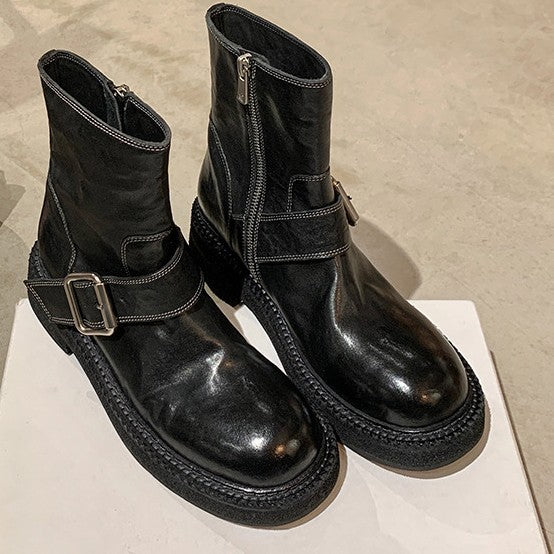 Women's Version Su Washed Shrink Pattern Side Zipper Fleece Biker Women's Leather Boots