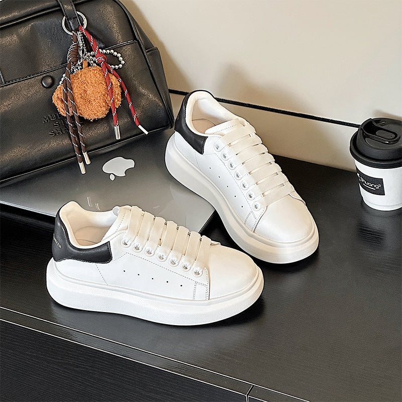 Men's & Women's Cowhide Mcqueen White For Thick Sole Height Increasing Couple Sports Men's Casual Shoes