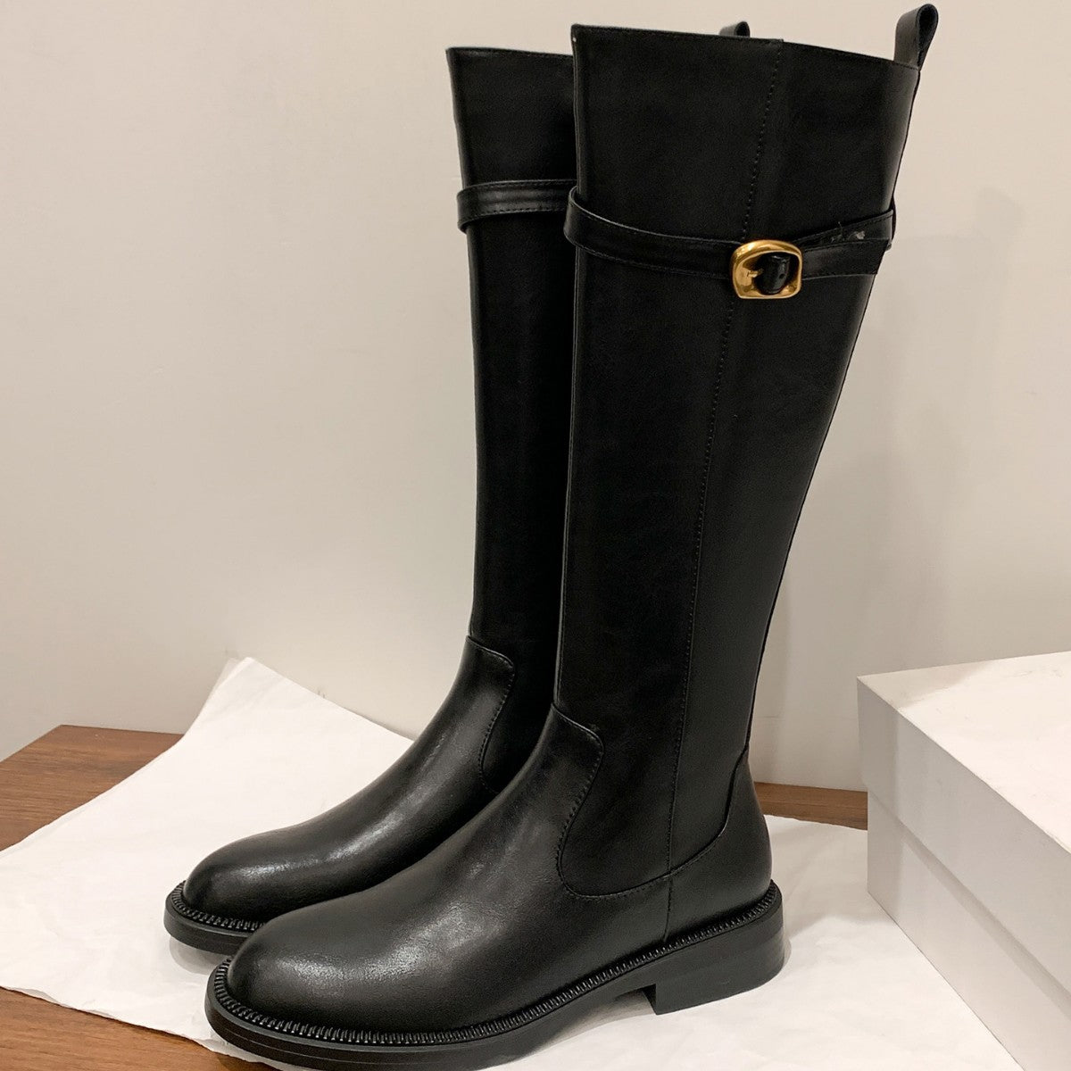 Women's Small Golden Button Thick Bottom Chunky Tall Knight Slimming Versatile Boots