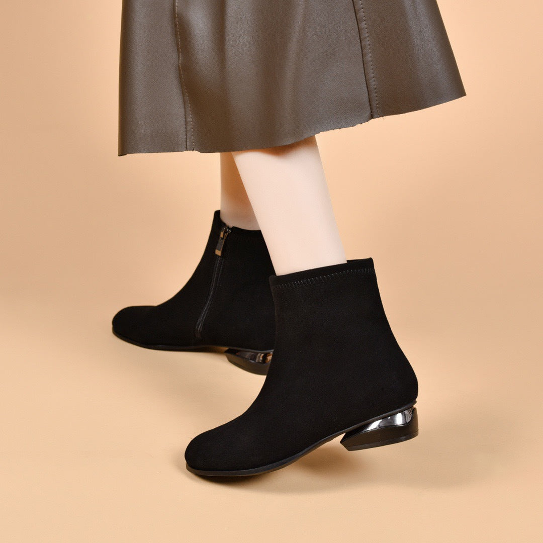 Women's Genuine Frosted Short Suede Low Round Toe Single-layer Women's Leather Boots