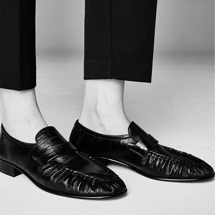 Women's Cowhide Version Retro Fashion Handmade Pleated British Style Eel Skin Loafers