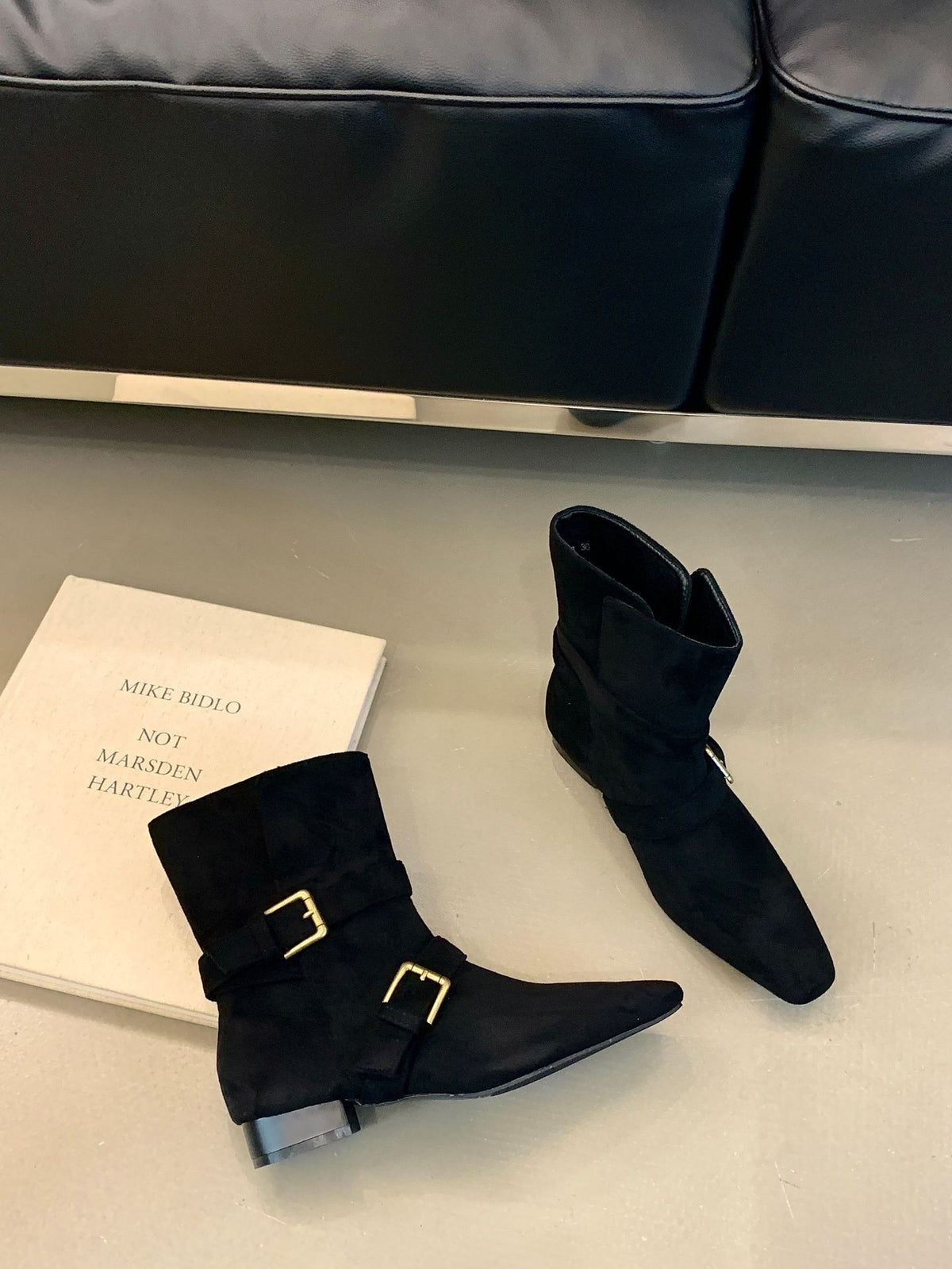 Women's Genuine Suede Retro Square Toe Two-way Chunky Belt Buckle For Women's Leather Boots