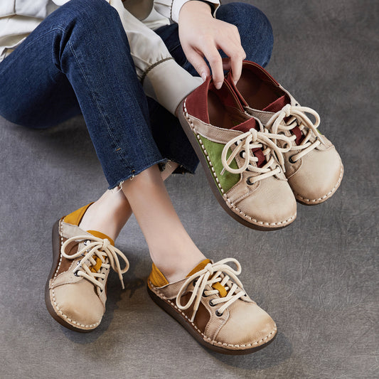 Women's Layer Cowhide Handmade Retro Color Matching Spring Comfortable Flat Ethnic Men's Shoes