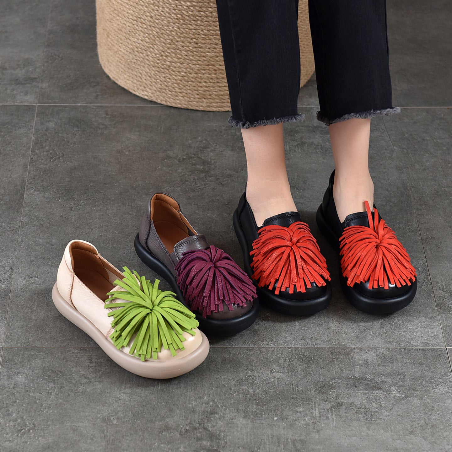 Women's Top Layer Cowhide Platform Comfortable Versatile Retro Handmade Tassel Genuine Women's Casual Shoes