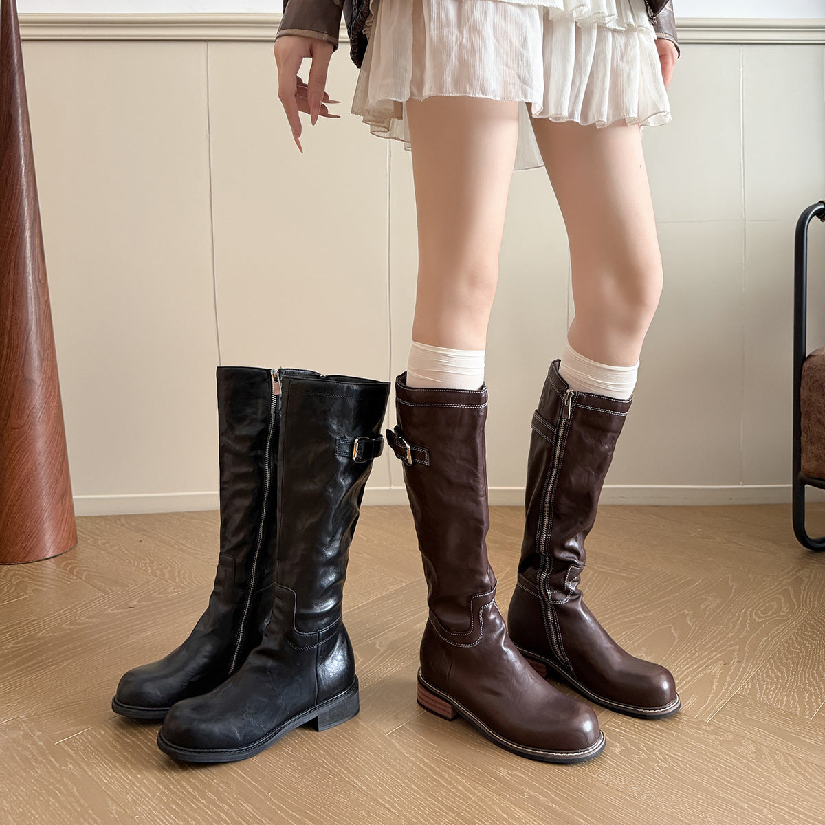 Washed Fleece-lined Below The Knee Thick Bottom Knight Female Retro Boots