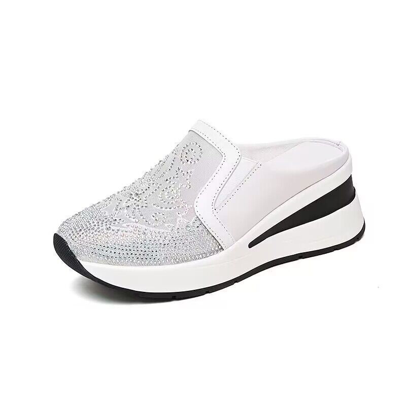Women's Versatile Half Thick Bottom Mesh Breathable Rhinestone High Thick-soles Slippers
