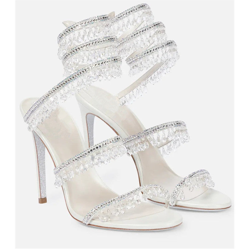 Women's Crystal Pendant Snakelike Winding Rhinestone Tassel Decoration Large Size Flat Sandals