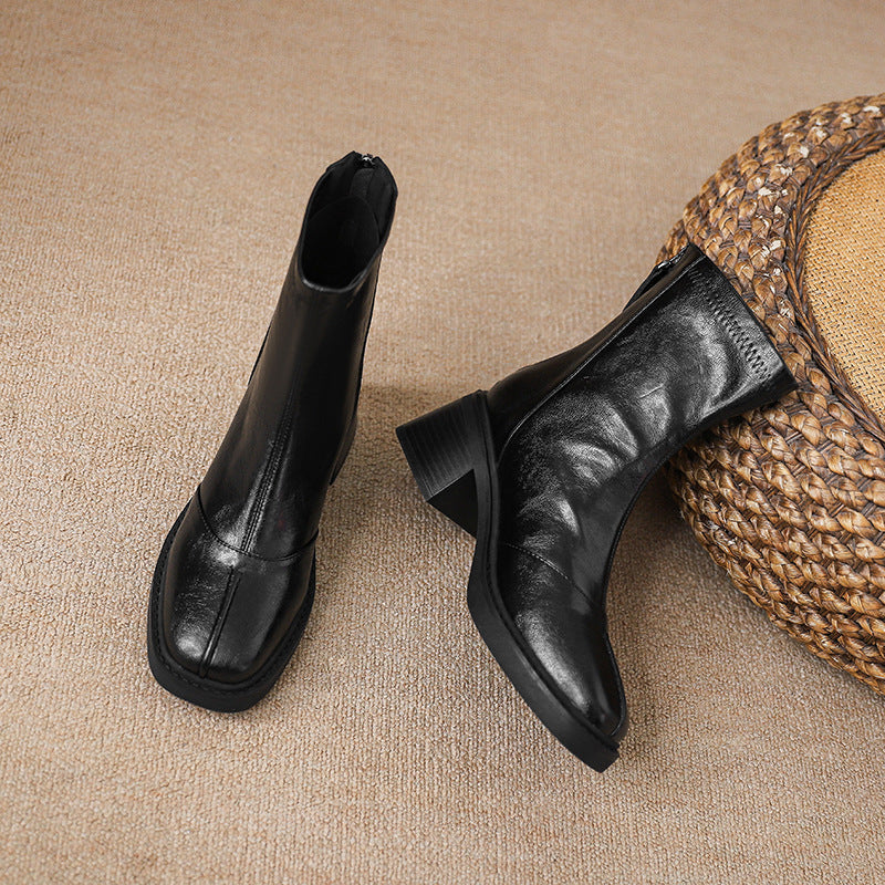 Women's French Hand Pattern Sheepskin Square Toe Martin Back Zipper Women's Leather Boots