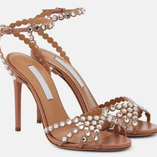 Metal Round Toe Stiletto Rhinestone Strap Buckle Open Large High Heeled Sandals