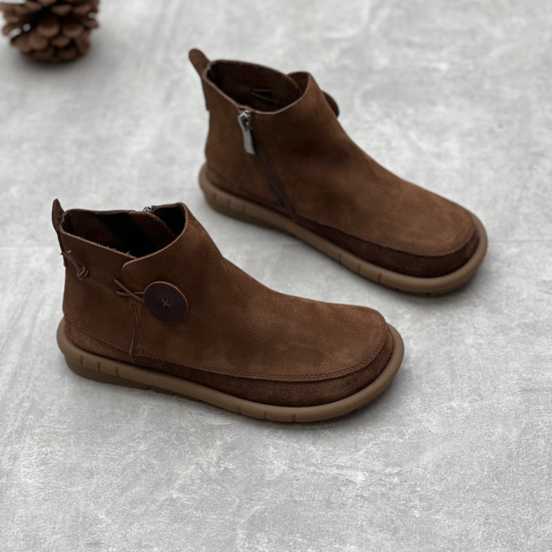 Women's Artistic Crafts Short Retro Mori Style Round Toe Flat Bottom Women's Leather Boots