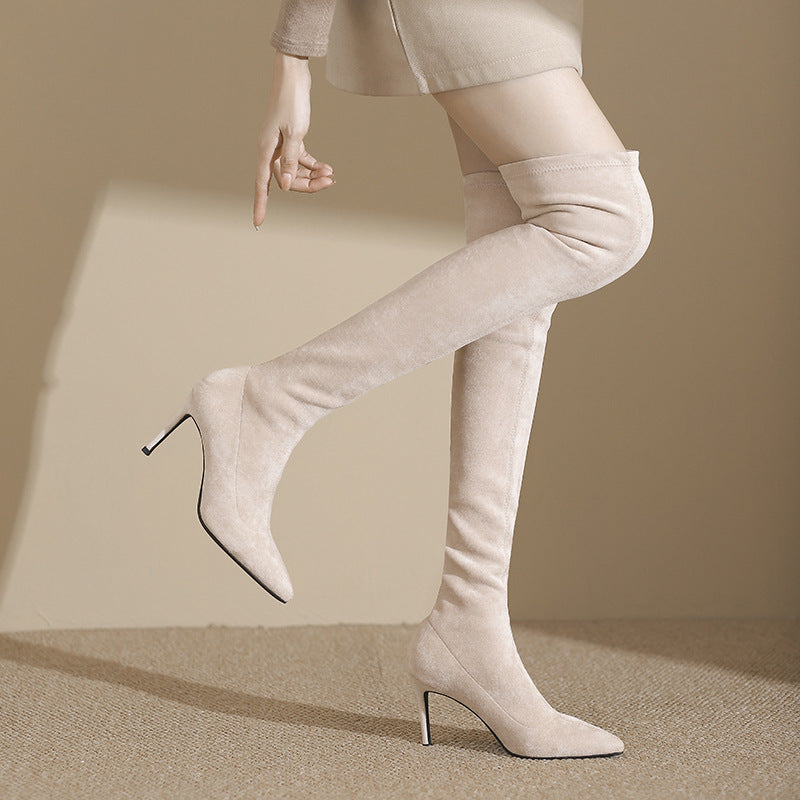 Women's Pointed Toe Stiletto Socks Stretch Thin High Tube Length Women's Leather Boots