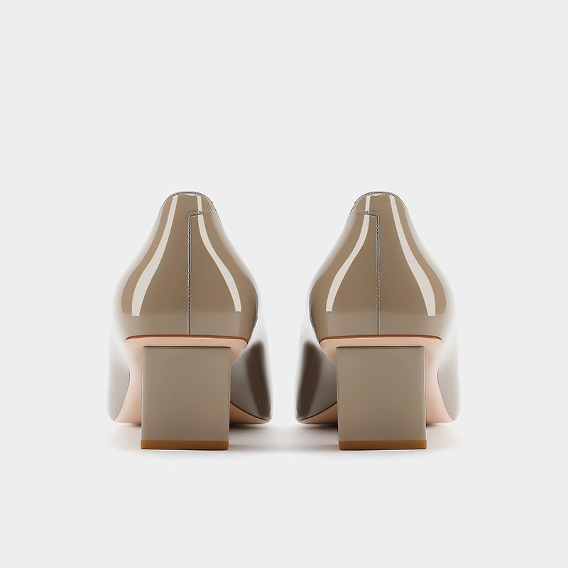 Women's Patent Square Buckle Chunky Mid Toe Low-cut Women's Fashion Shoes