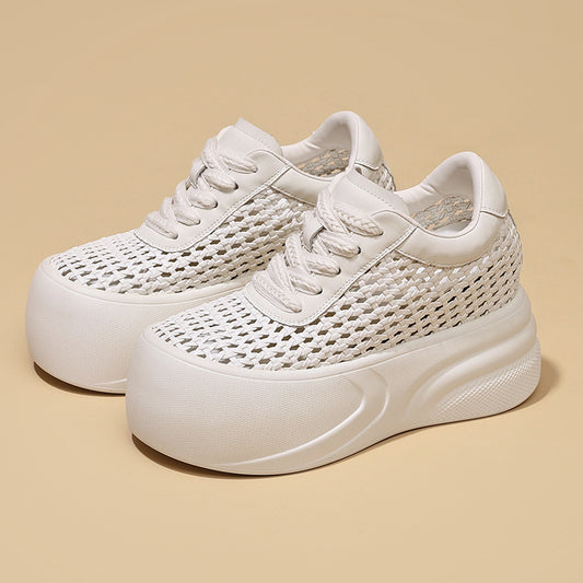 Women's White Thick-soled Summer Versatile Woven Sports Height Increasing Leisure Breathable Sneakers