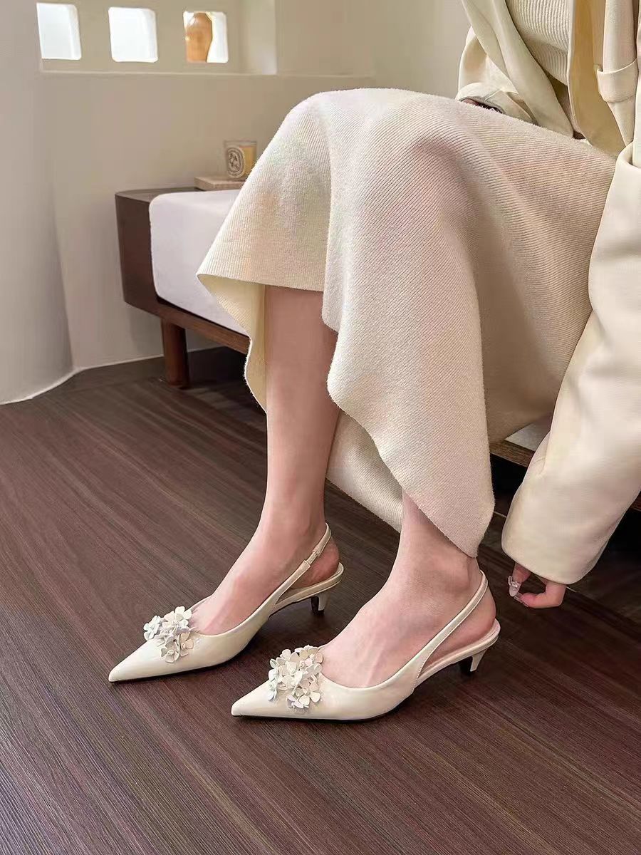 Women's Fashion Green Pointed Flower Shallow Mouth Back High Heeled Sandals