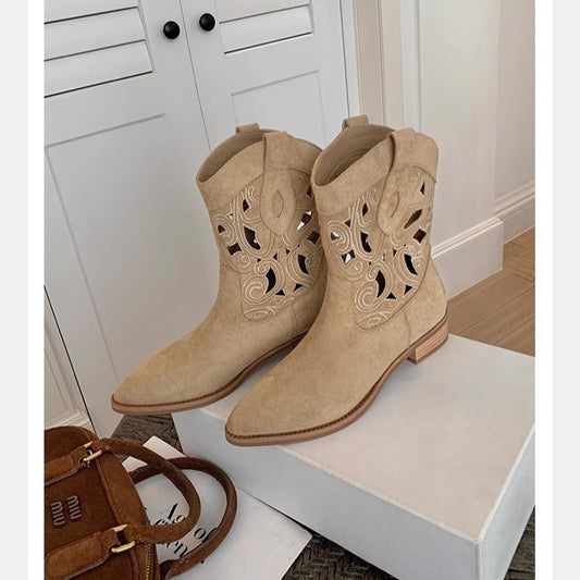 Two Versions Hot Hollowed Embroidery Chunky Knee-high Women's Leather Boots