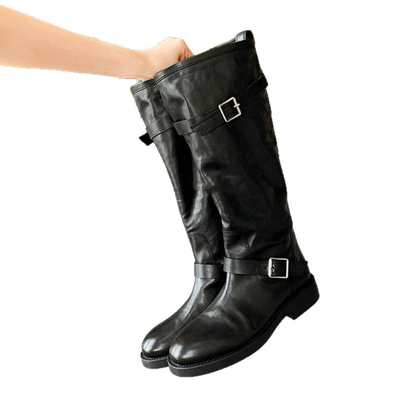 Head Fashionable Belt Buckle Chunky Long Female Women's Leather Boots
