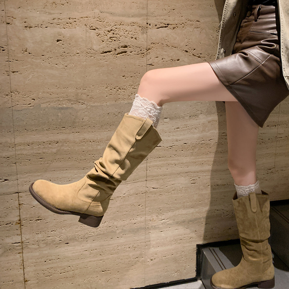 Women's Pleated Pile Style For Height Increasing Insole Chunky Western Cowboy Women's Leather Boots