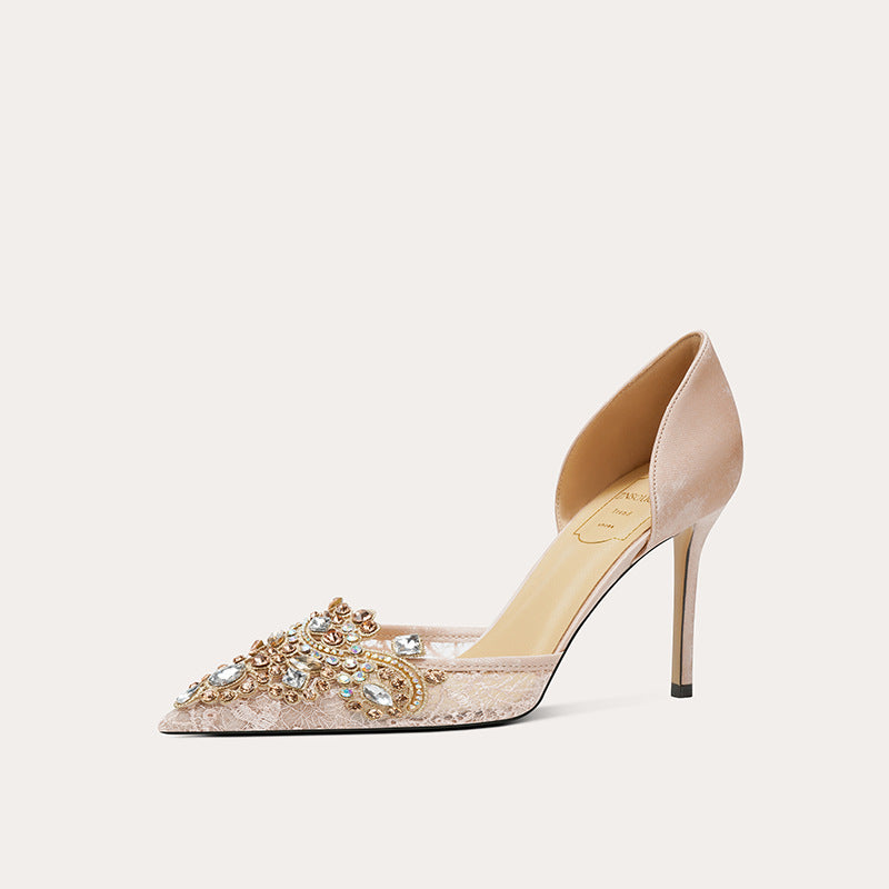 Women's Sheepskin Hollow Wedding Bride Main Yarn Pointed Toe Women's Shoes