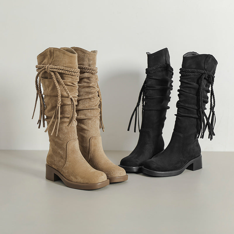 Long Female Vintage Tassel Woven Waste Soil Style Knight Thick Heels