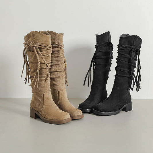 Long Female Vintage Tassel Woven Waste Soil Style Knight Thick Heels