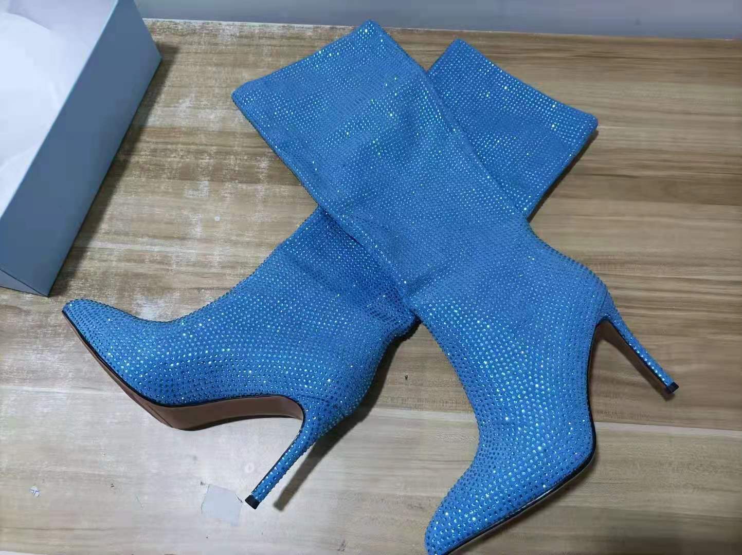 Women's Sky Rhinestone Pointed Toe Stiletto Knee-length Large Boots