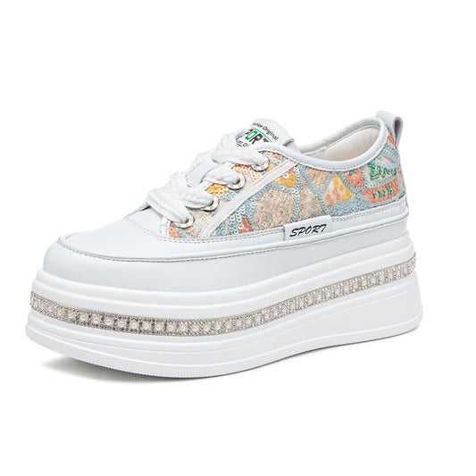 Women's Autumn Invisible Elevated Platform Lace Up White Sequined Fashion Small Women's Casual Shoes