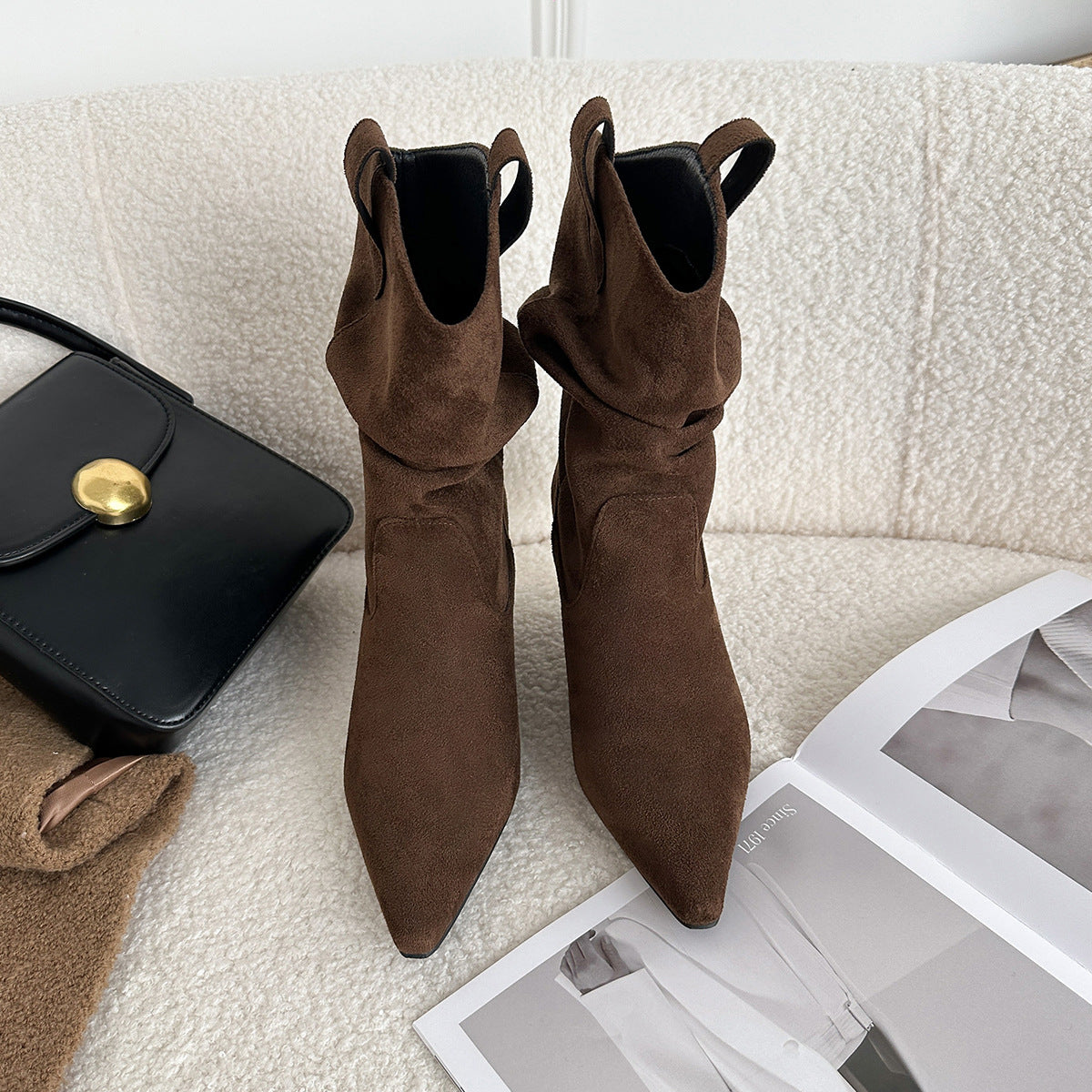 Women's Cowboy Pointed Thick Pleated Pile Style Boots