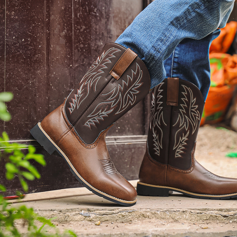 High Embroidered Retro Wide Head Western Cowboy Bags Packaging Without Men's Leather Boots