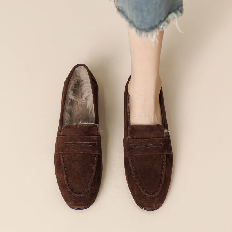 Women's Matte Sheepskin Rabbit Hair Fleece-lined Winter Fluffy Cotton Flat Loafers