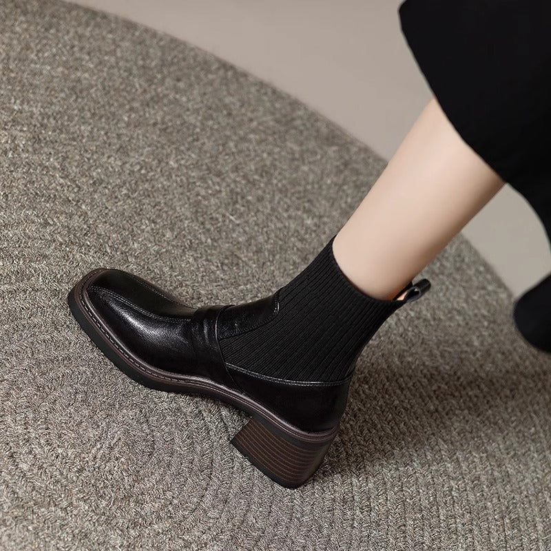 Women's Knitted Chunky High Thin Brown Martin Elastic Women's Leather Boots