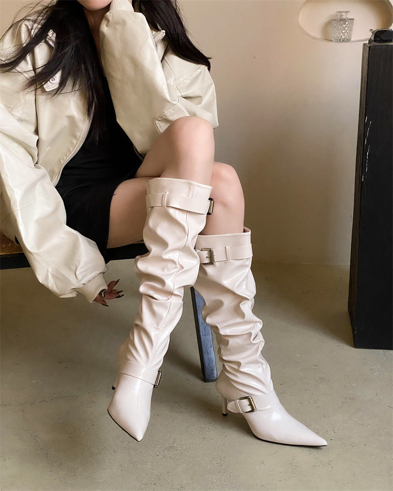 Women's Hot Style Pointed White Pile High Long Autumn Belt Buckle Women's Leather Boots