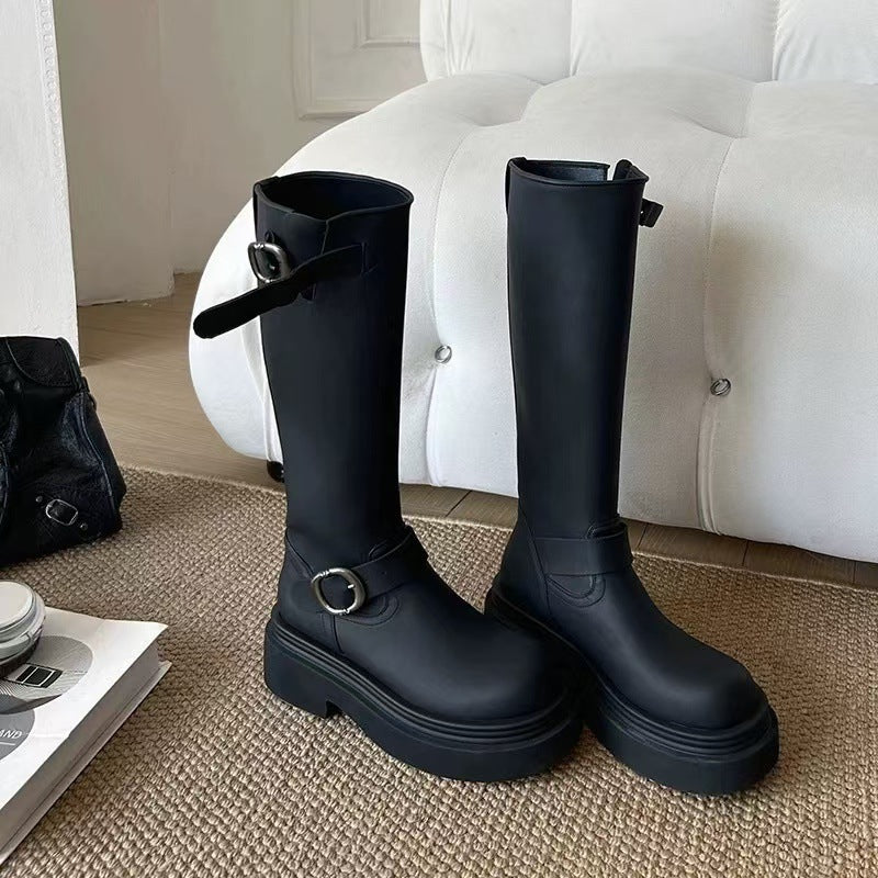 Women's Skinny Below The Knee Thick Bottom Tall Women's Leather Boots
