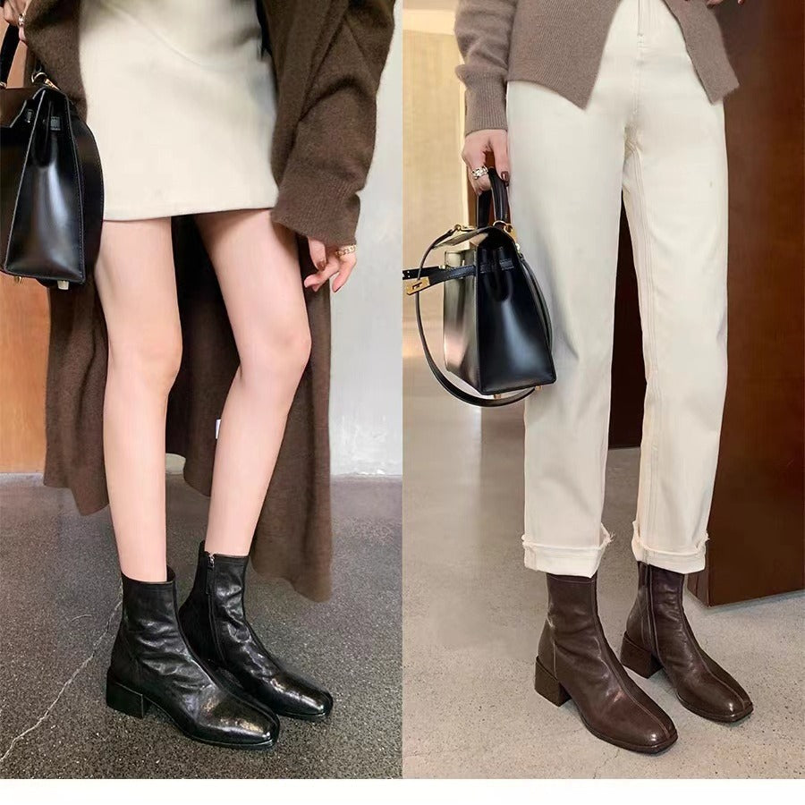 Head Washed Horse Thin Booties Chunky Boots