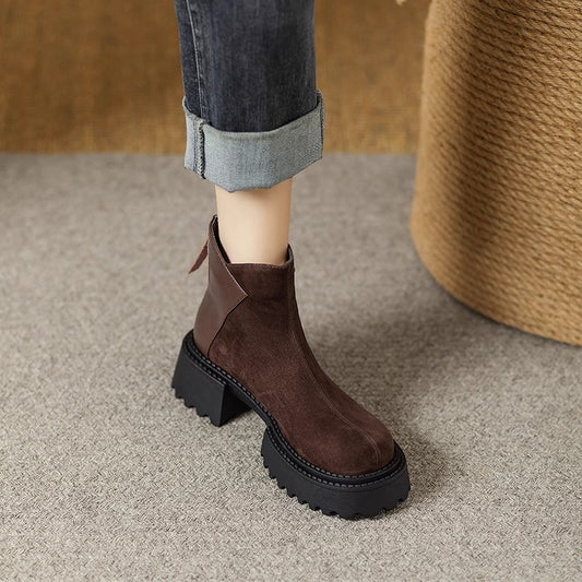Women's Retro Round Head Genuine Platform Ankle Frosted Elevator Wild Women's Leather Boots